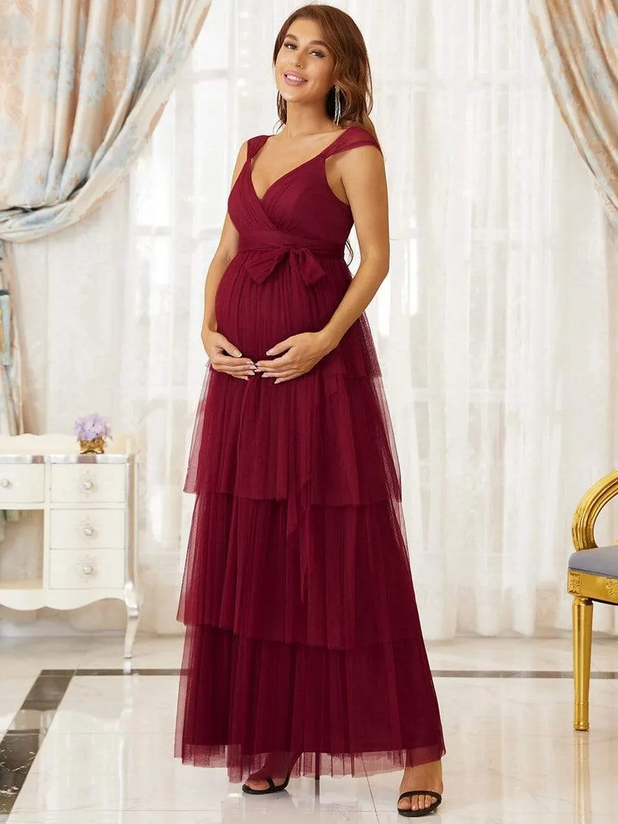 Tie Waist V-Neck Tiered Floor-length Maternity Dress sold by Ever Pretty product image thumbnail 4