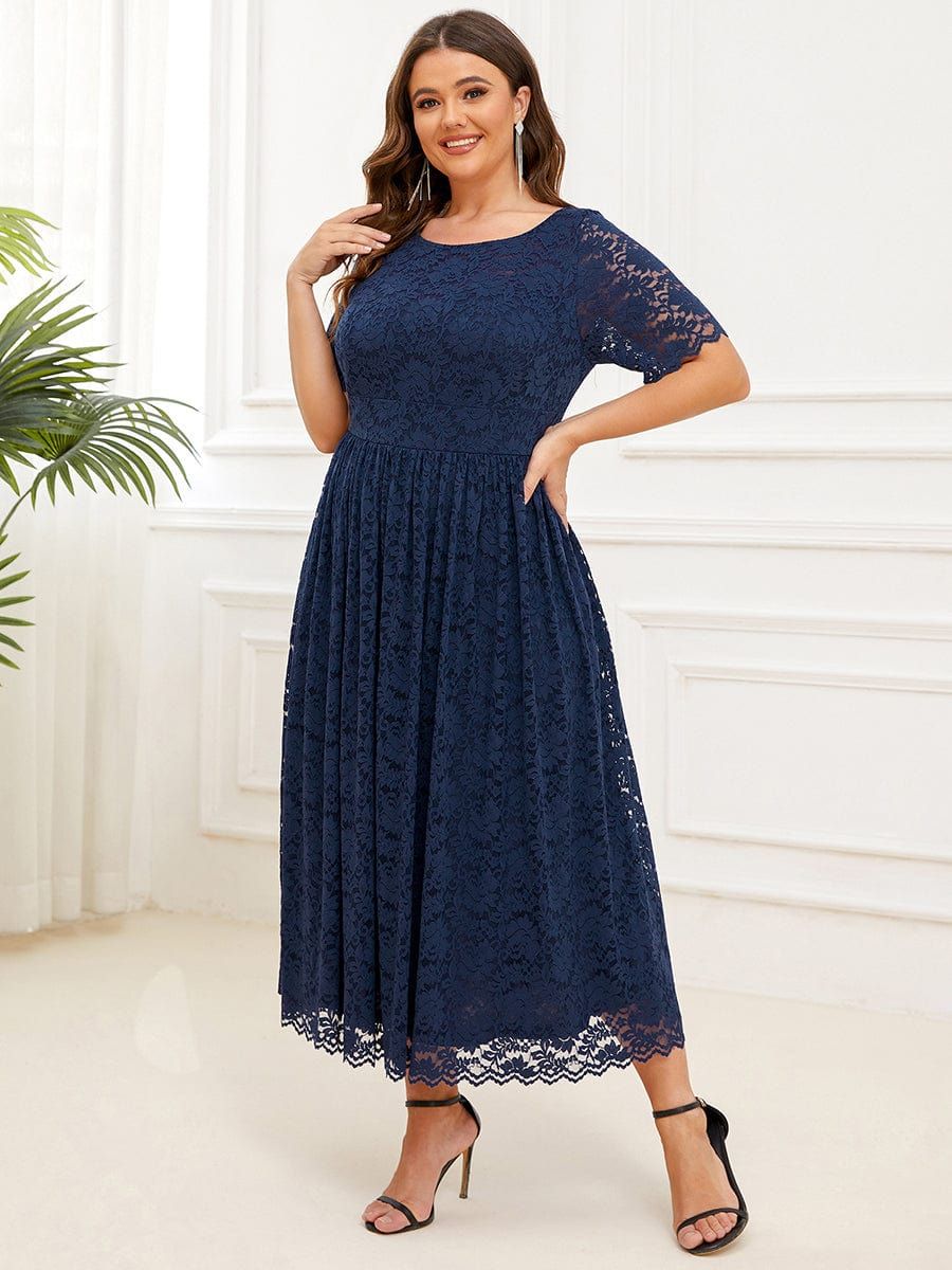 Plus Size Lace Pleated Scoop Neck Short Sleeve Evening Dress sold by Ever Pretty product image thumbnail 5