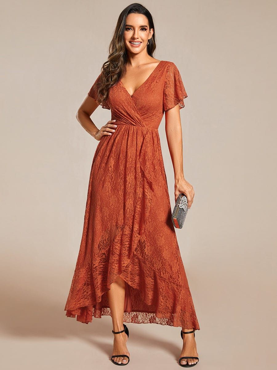 Asymmetrical Hem Lace Short Sleeves Ruffled Formal Evening Dress sold by Ever Pretty