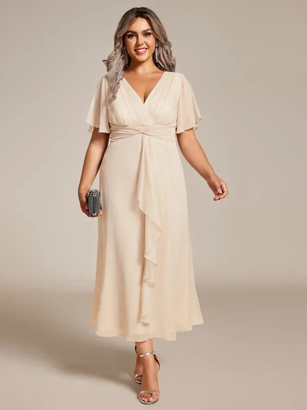 pretty OPAHL|Plus Size Silver Metallic Fabric V-Neck A-Line Wedding Guest Dress featuring Delicate Ruffled Hem sold by Ever Pretty