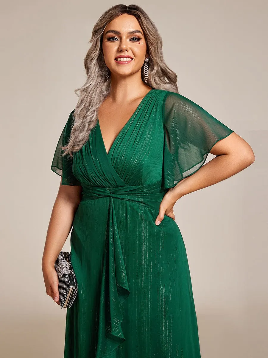 pretty OPAHL|Plus Size Silver Metallic Fabric V-Neck A-Line Wedding Guest Dress featuring Delicate Ruffled Hem sold by Ever Pretty product image thumbnail 5