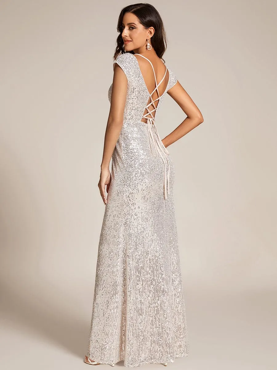 Custom Size Sequin V-Neck High Slit Lace-Up Back Evening Dress sold by Ever Pretty product image thumbnail 2