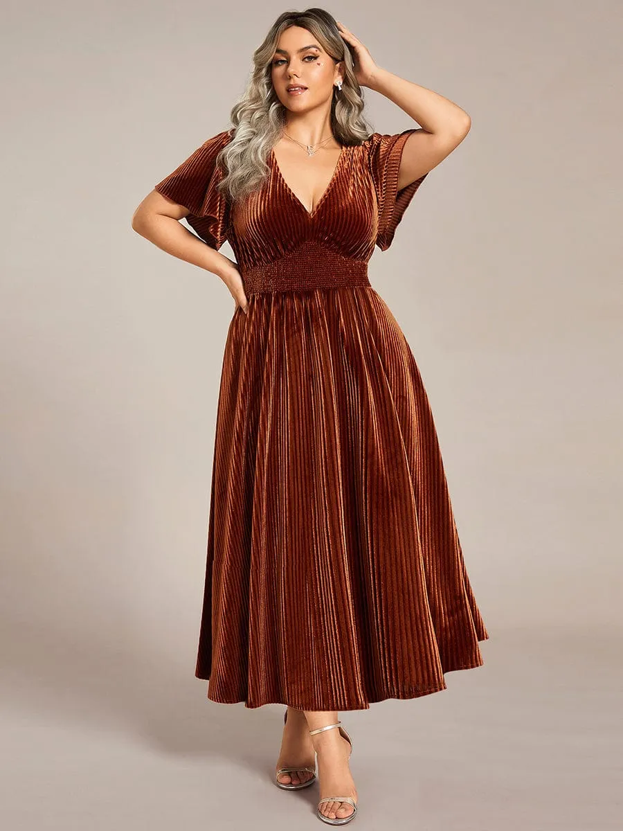 pretty AZALEA|Plus Size A-line V-Neck Short Sleeve Pleated Velvet Fall Wedding Guest Dress sold by Ever Pretty
