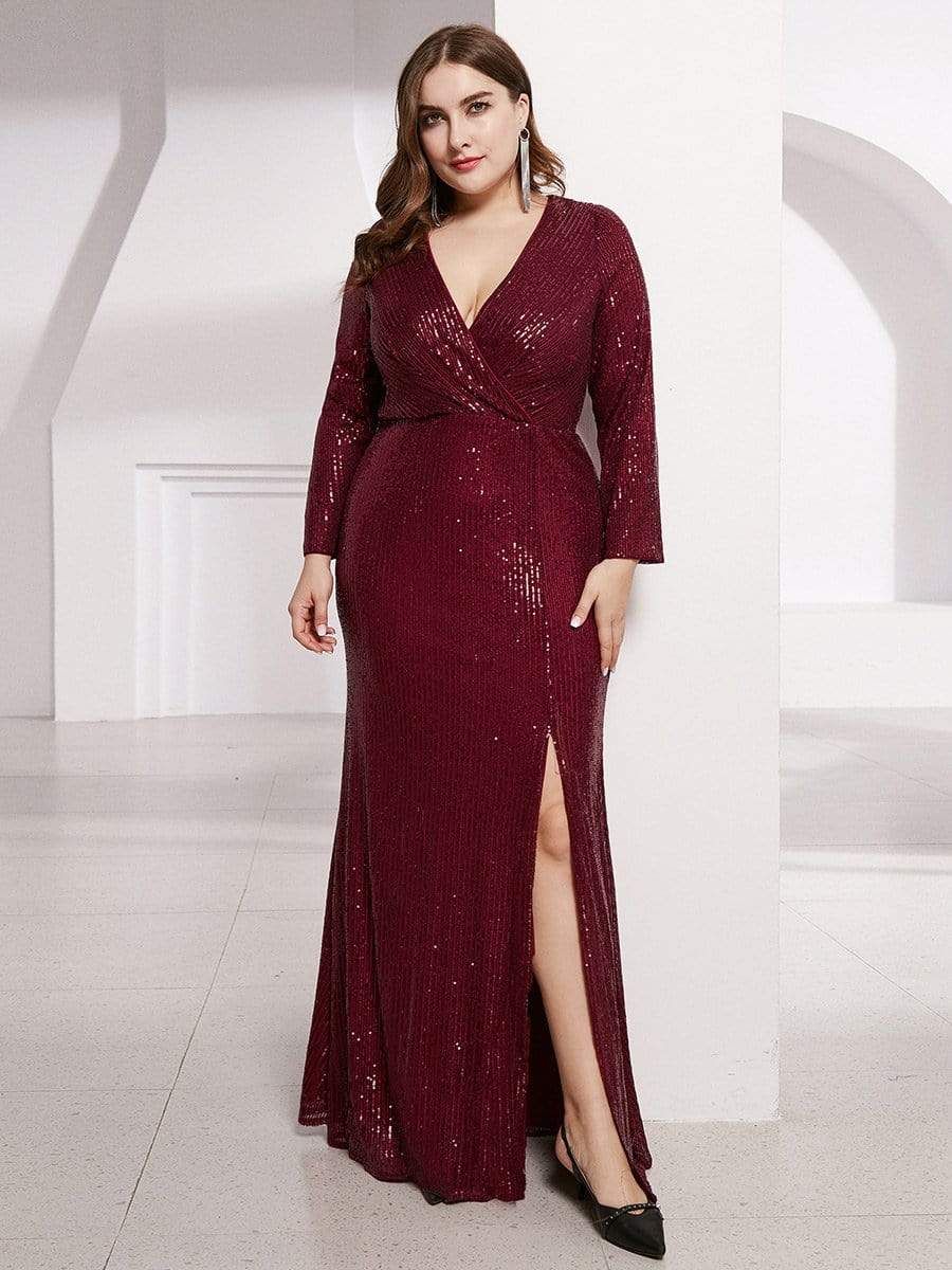 Shiny V Neck Plus Size Long Sleeve Sequin Formal Evening Dress sold by Ever Pretty product image thumbnail 20
