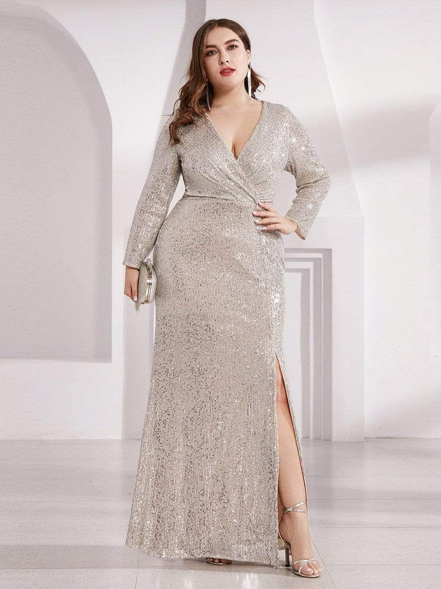 Shiny V Neck Plus Size Long Sleeve Sequin Formal Evening Dress sold by Ever Pretty product image thumbnail 16