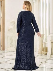 Shiny V Neck Plus Size Long Sleeve Sequin Formal Evening Dress sold by Ever Pretty