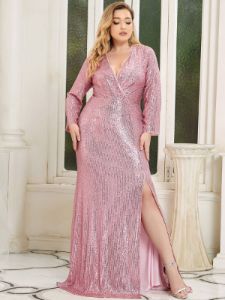 Shiny V Neck Plus Size Long Sleeve Sequin Formal Evening Dress sold by Ever Pretty
