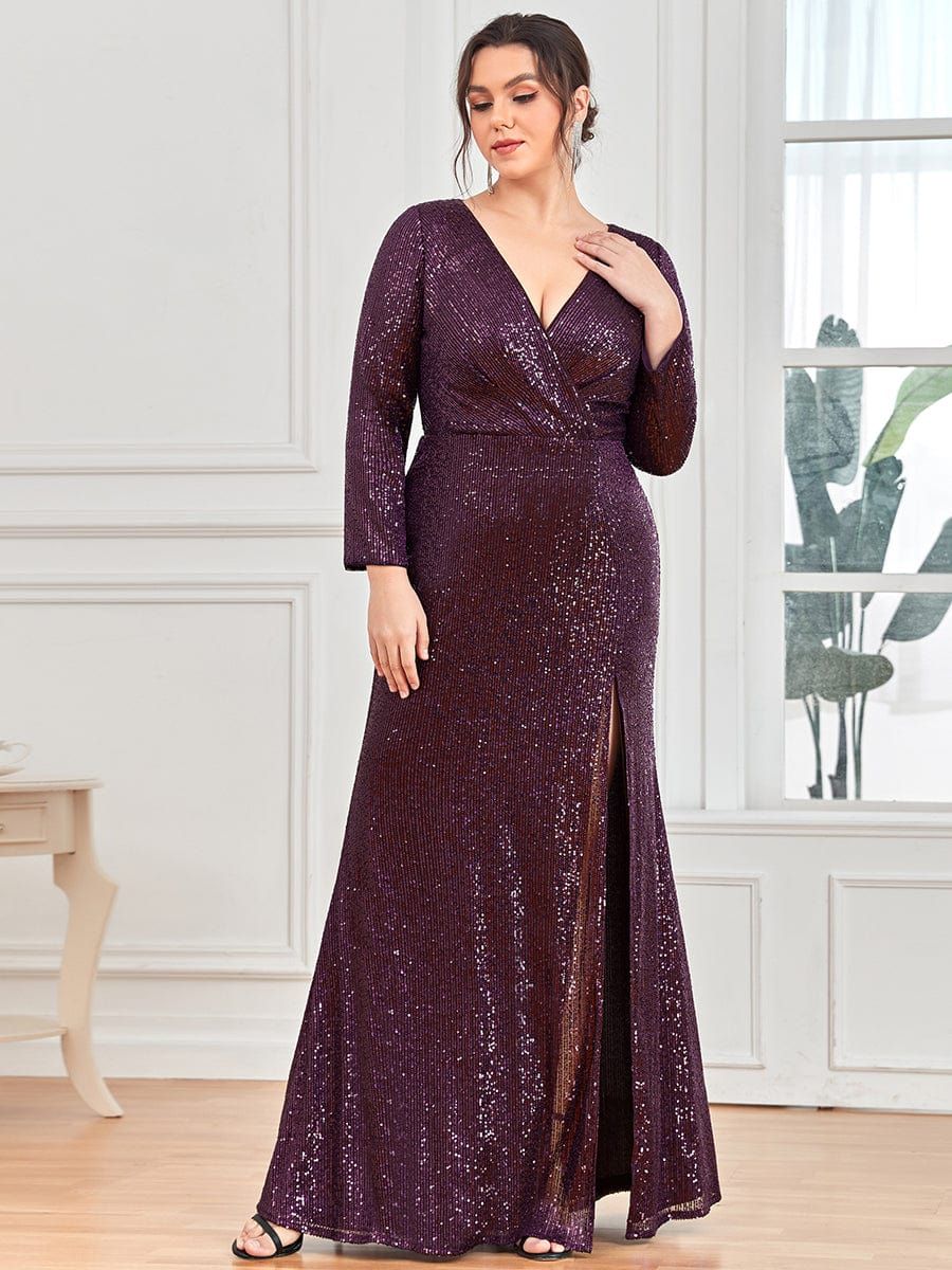 Shiny V Neck Plus Size Long Sleeve Sequin Formal Evening Dress sold by Ever Pretty product image thumbnail 34