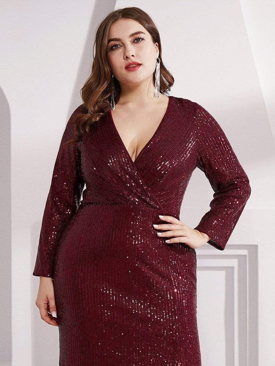 Shiny V Neck Plus Size Long Sleeve Sequin Formal Evening Dress sold by Ever Pretty product image thumbnail 18