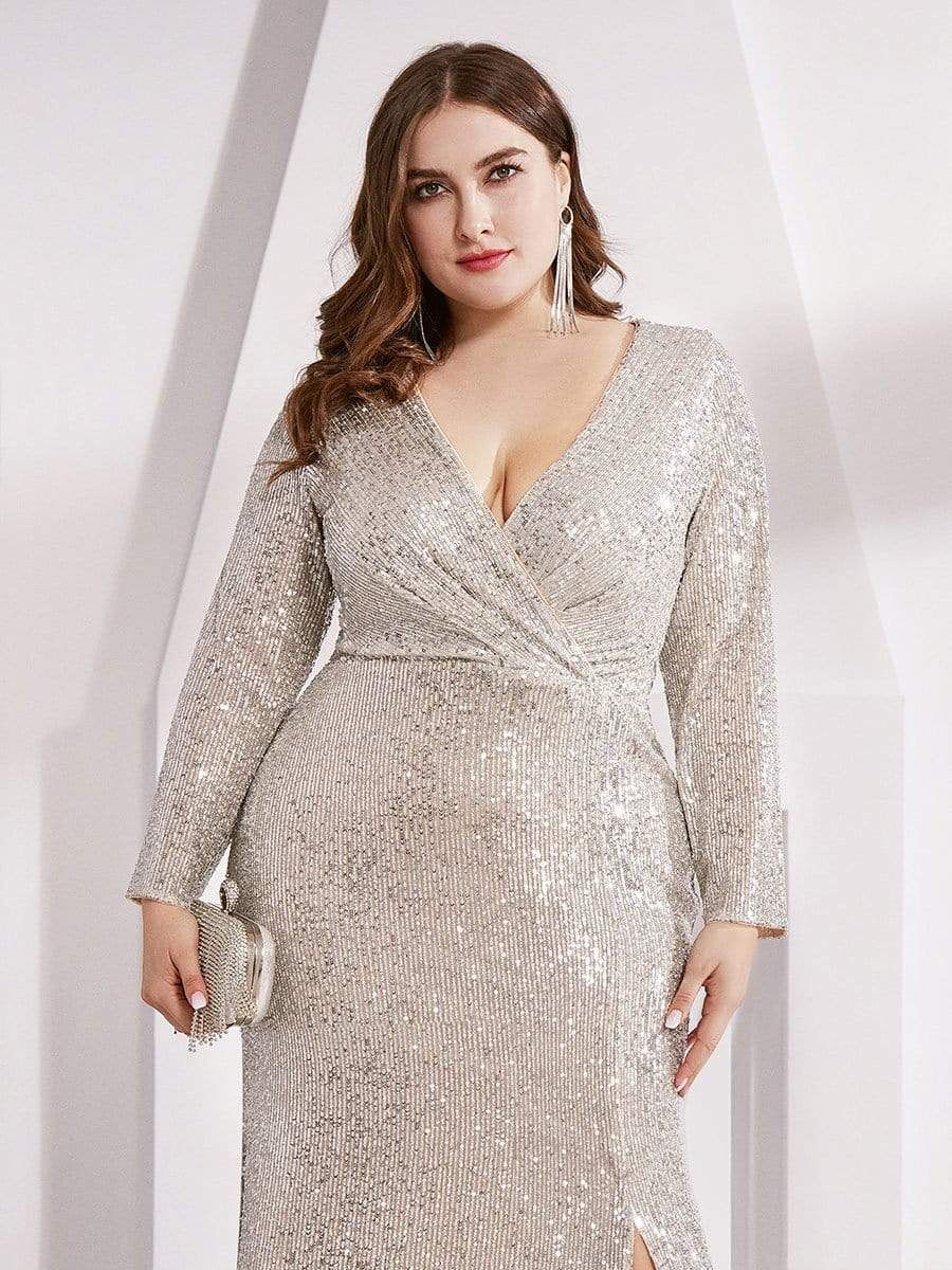 Shiny V Neck Plus Size Long Sleeve Sequin Formal Evening Dress sold by Ever Pretty product image thumbnail 14