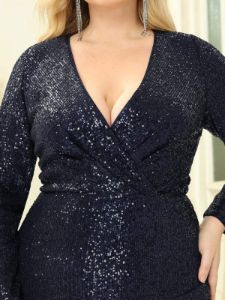 Shiny V Neck Plus Size Long Sleeve Sequin Formal Evening Dress sold by Ever Pretty