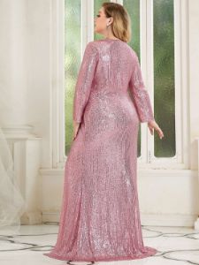 Shiny V Neck Plus Size Long Sleeve Sequin Formal Evening Dress sold by Ever Pretty