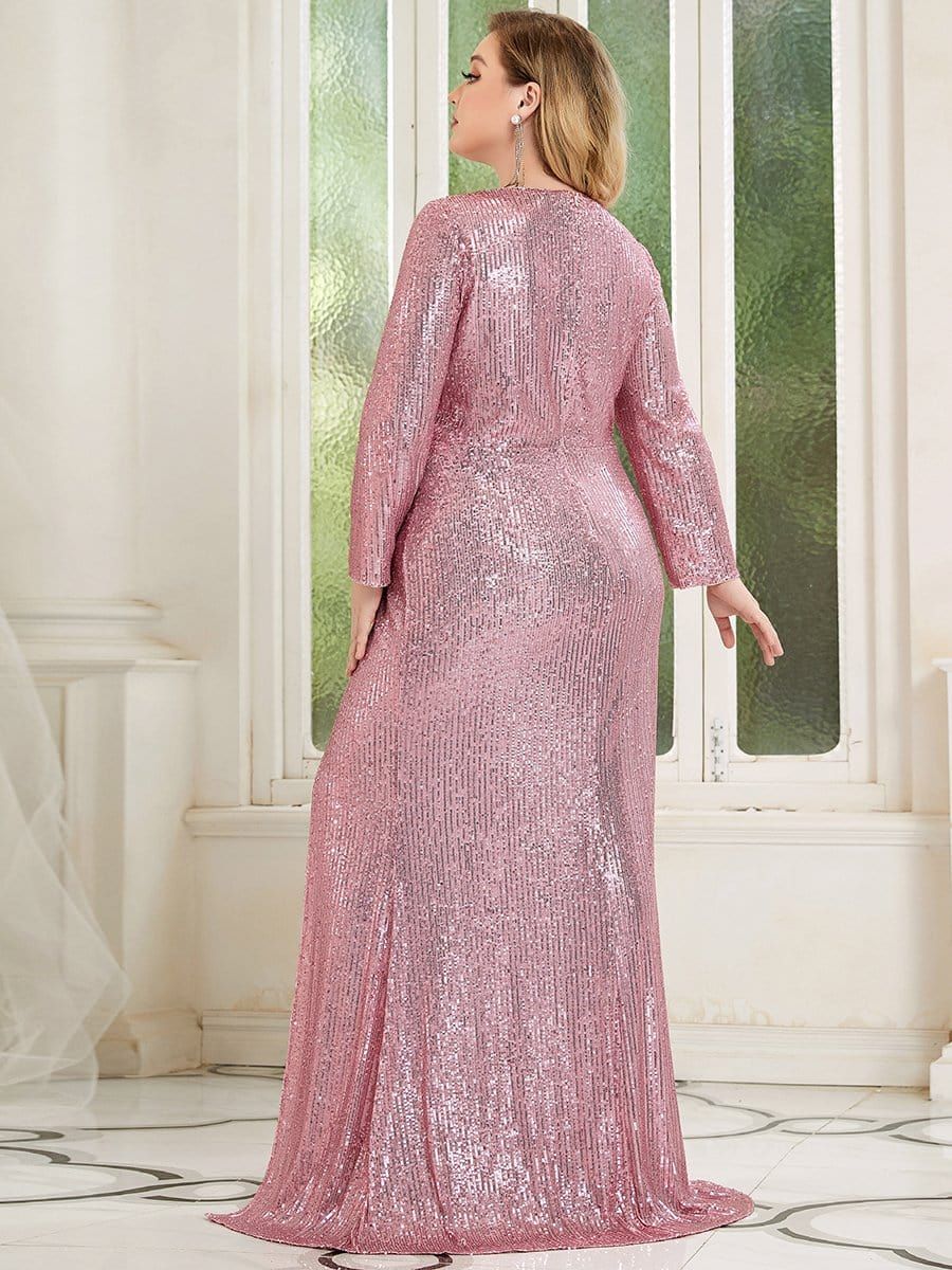 Shiny V Neck Plus Size Long Sleeve Sequin Formal Evening Dress sold by Ever Pretty product image thumbnail 4