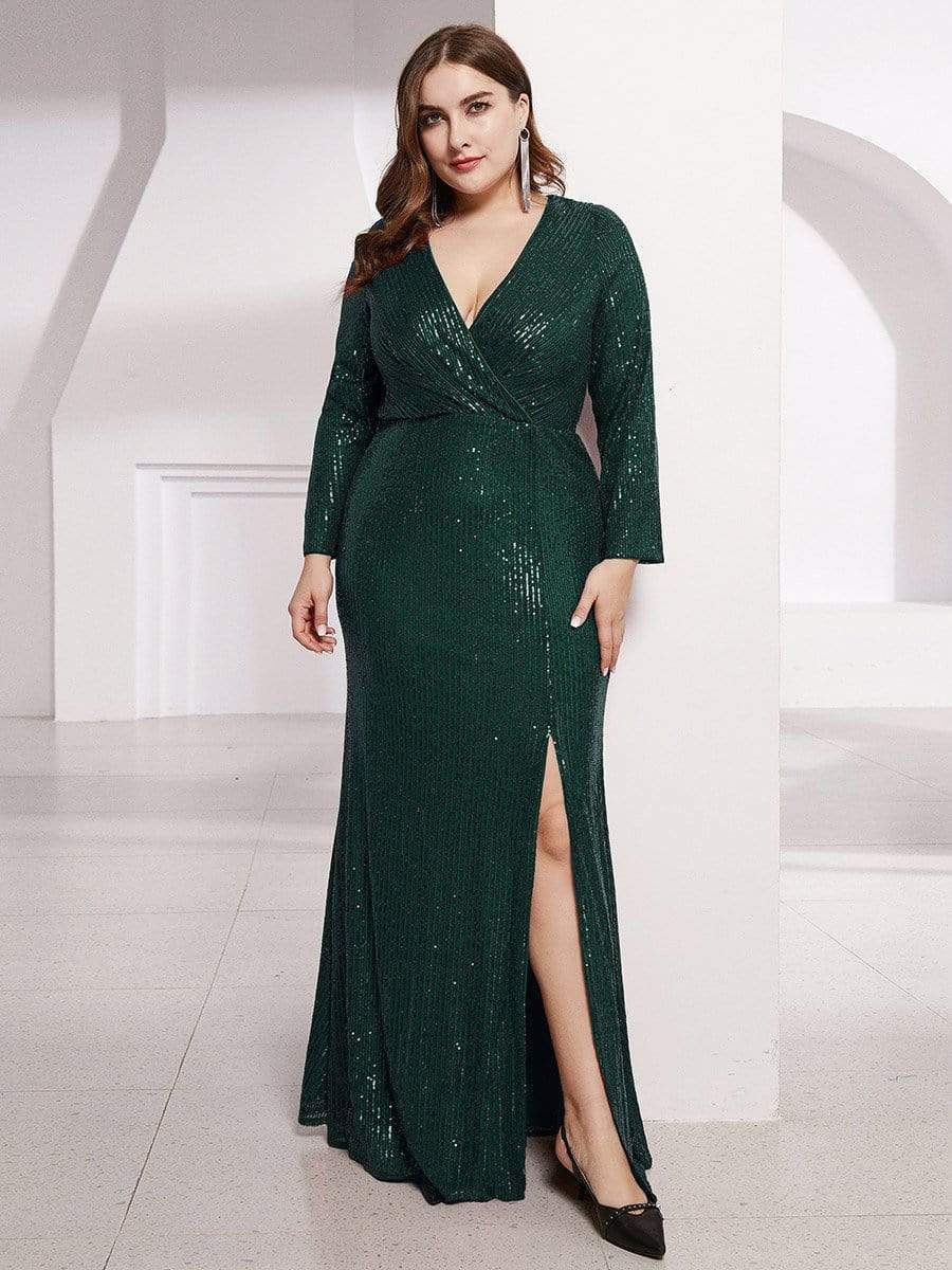 Shiny V Neck Plus Size Long Sleeve Sequin Formal Evening Dress sold by Ever Pretty product image thumbnail 22