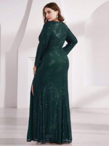 Shiny V Neck Plus Size Long Sleeve Sequin Formal Evening Dress sold by Ever Pretty