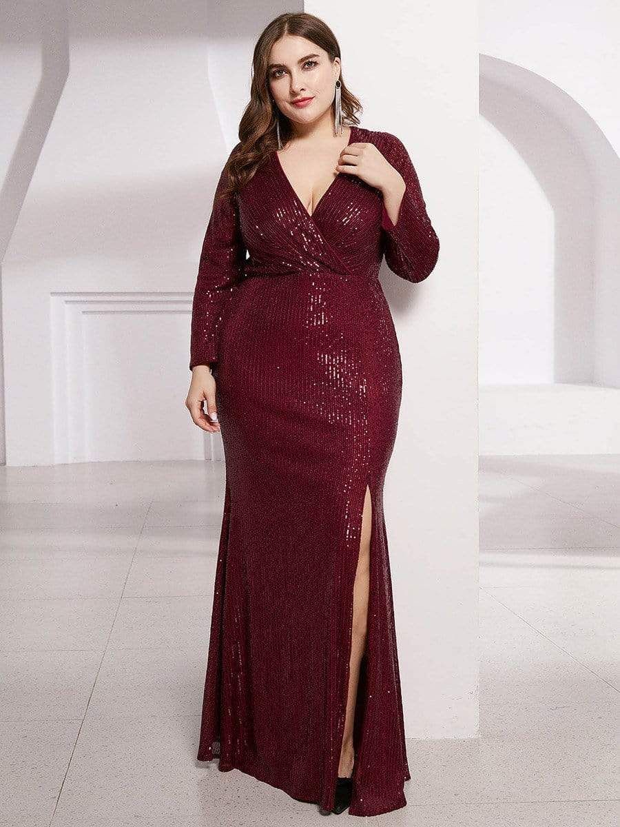 Shiny V Neck Plus Size Long Sleeve Sequin Formal Evening Dress sold by Ever Pretty product image thumbnail 19