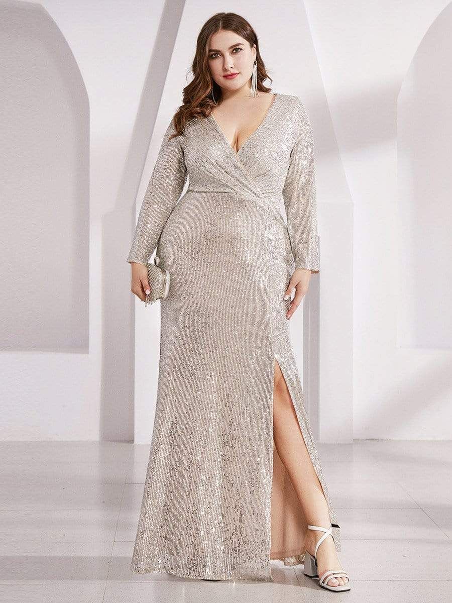 Shiny V Neck Plus Size Long Sleeve Sequin Formal Evening Dress sold by Ever Pretty product image thumbnail 12