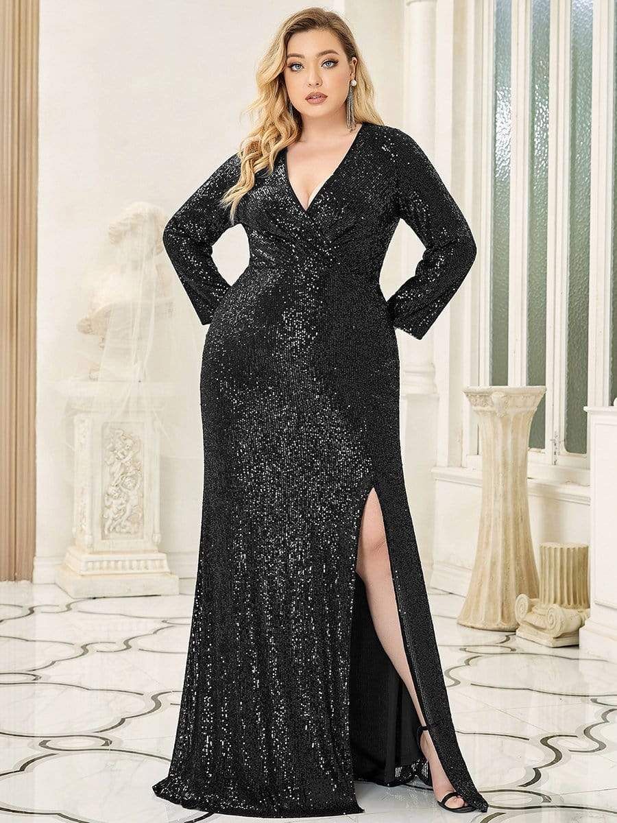 Shiny V Neck Plus Size Long Sleeve Sequin Formal Evening Dress sold by Ever Pretty product image thumbnail 23