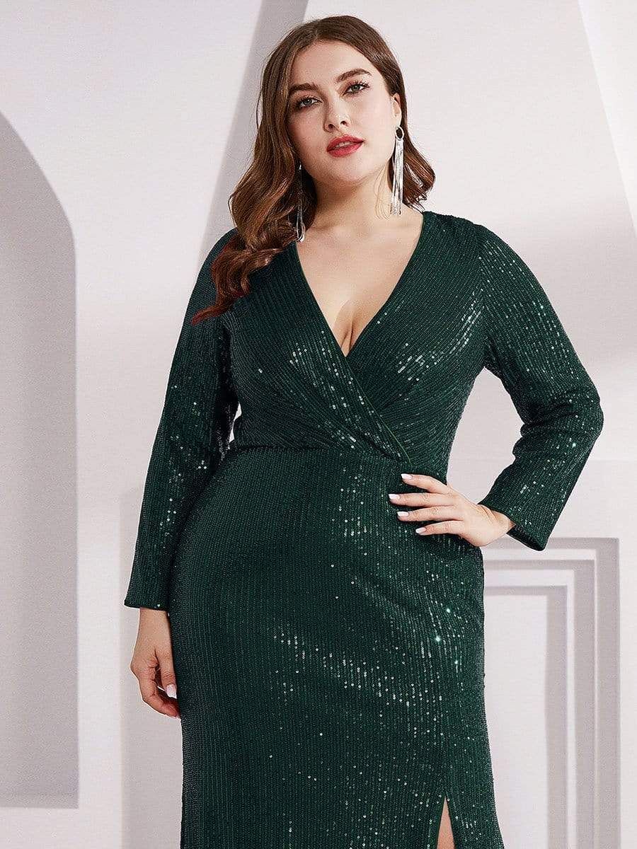 Shiny V Neck Plus Size Long Sleeve Sequin Formal Evening Dress sold by Ever Pretty product image thumbnail 21