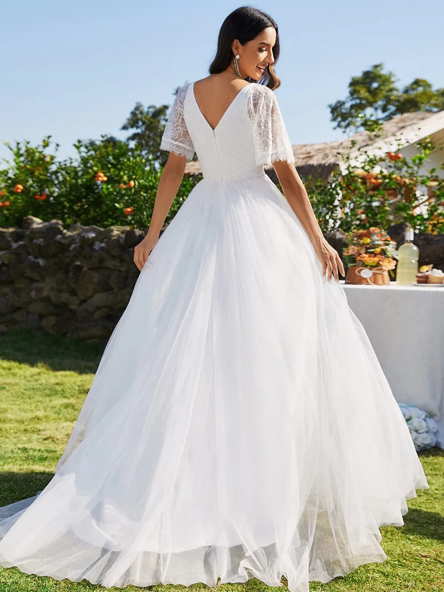 Custom Size V-Neck Tulle Wedding Dresses with Lace Short Sleeves sold by Ever Pretty product image thumbnail 2