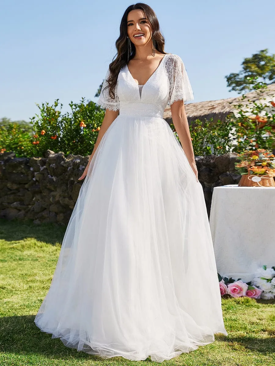 Custom Size V-Neck Tulle Wedding Dresses with Lace Short Sleeves sold by Ever Pretty product image thumbnail 3