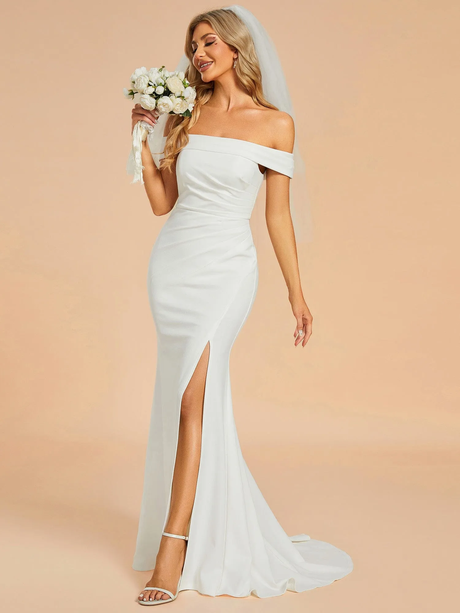 ITALISSE'S BRIDE|Off Shoulder Pleated Mermaid Wedding Dress featuring High Slit sold by Ever Pretty