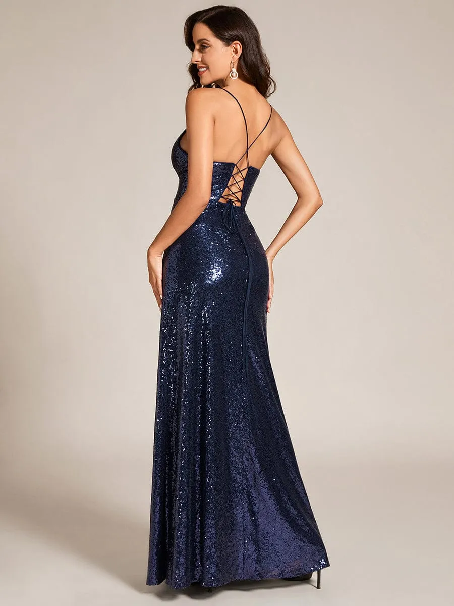 Custom Size Spaghetti Strap Sequin Side Slit Lace-Up Bodycon Formal Evening Dresses sold by Ever Pretty product image thumbnail 2