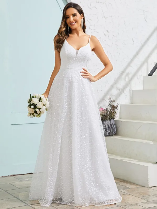 Sleeveless V-Neck Paillette Tulle Backless A-Line Wedding Dress sold by Ever Pretty