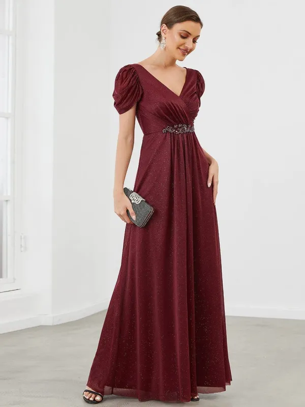 A-Line Sheer Puffed Sleeve Belted Sweetheart Ruched Mother of the Bride Dress sold by Ever Pretty