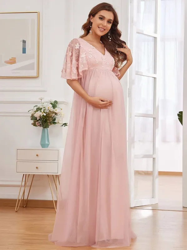 Flutter Sleeve Floor-Length Embroidery Maternity Dress sold by Ever Pretty