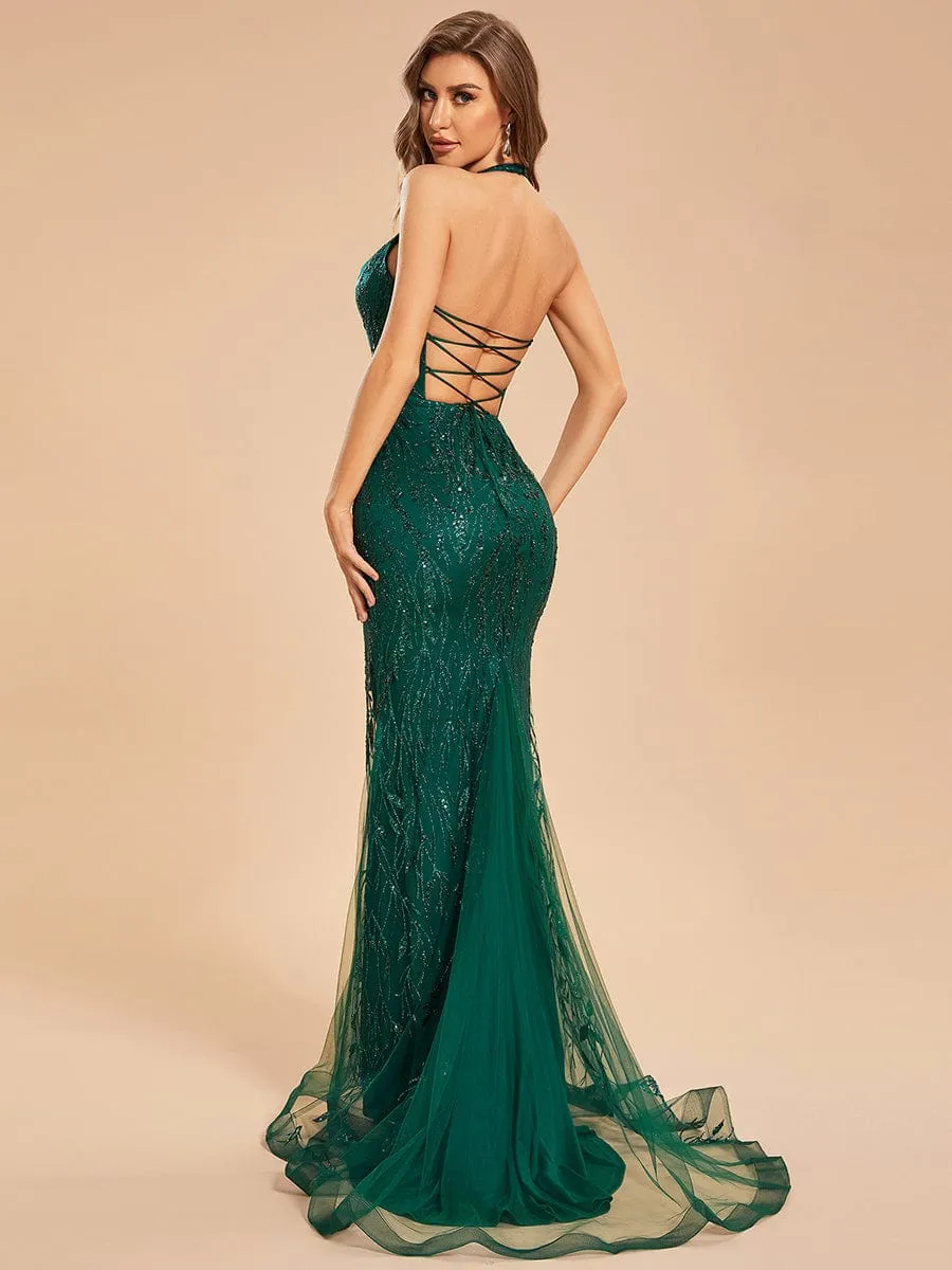 Custom Size Shinning Halter V-Neck Bodycon Back Lace-Up Mermaid Prom Dress sold by Ever Pretty product image thumbnail 2