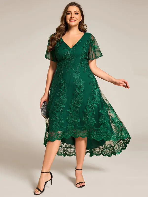 pretty TIDAL|Plus Size Short Sleeves Embroidered Mesh A-Line V-Neck Midi Wedding Guest Dress sold by Ever Pretty