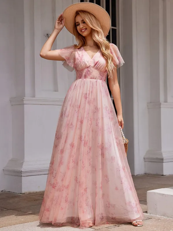 Elegant Floral Tulle V-Neck Short Sleeve Formal Evening Dress sold by Ever Pretty