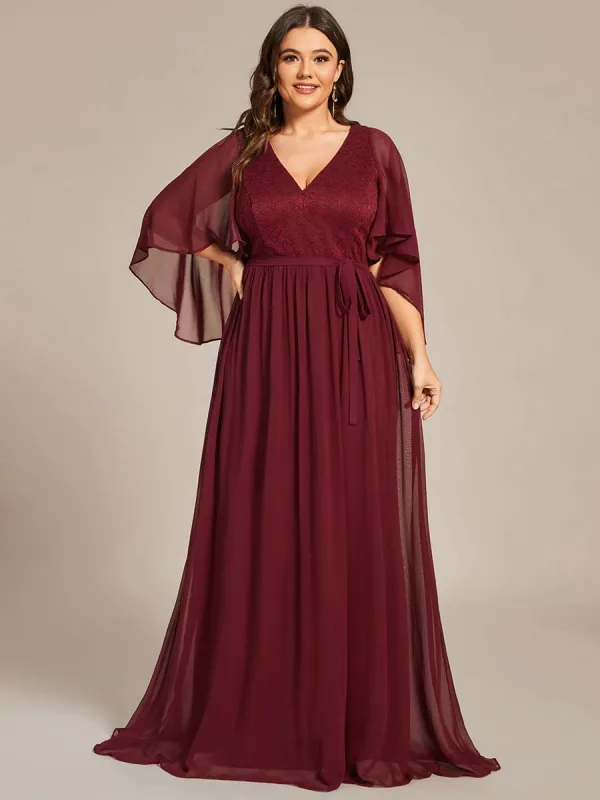 Custom Size Deep V Neck Lace Bodice Long Flowy Evening Dress sold by Ever Pretty