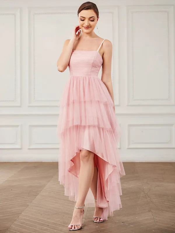 Tulle Spaghetti Strap Ruffled High-Low Bridesmaid Dress sold by Ever Pretty