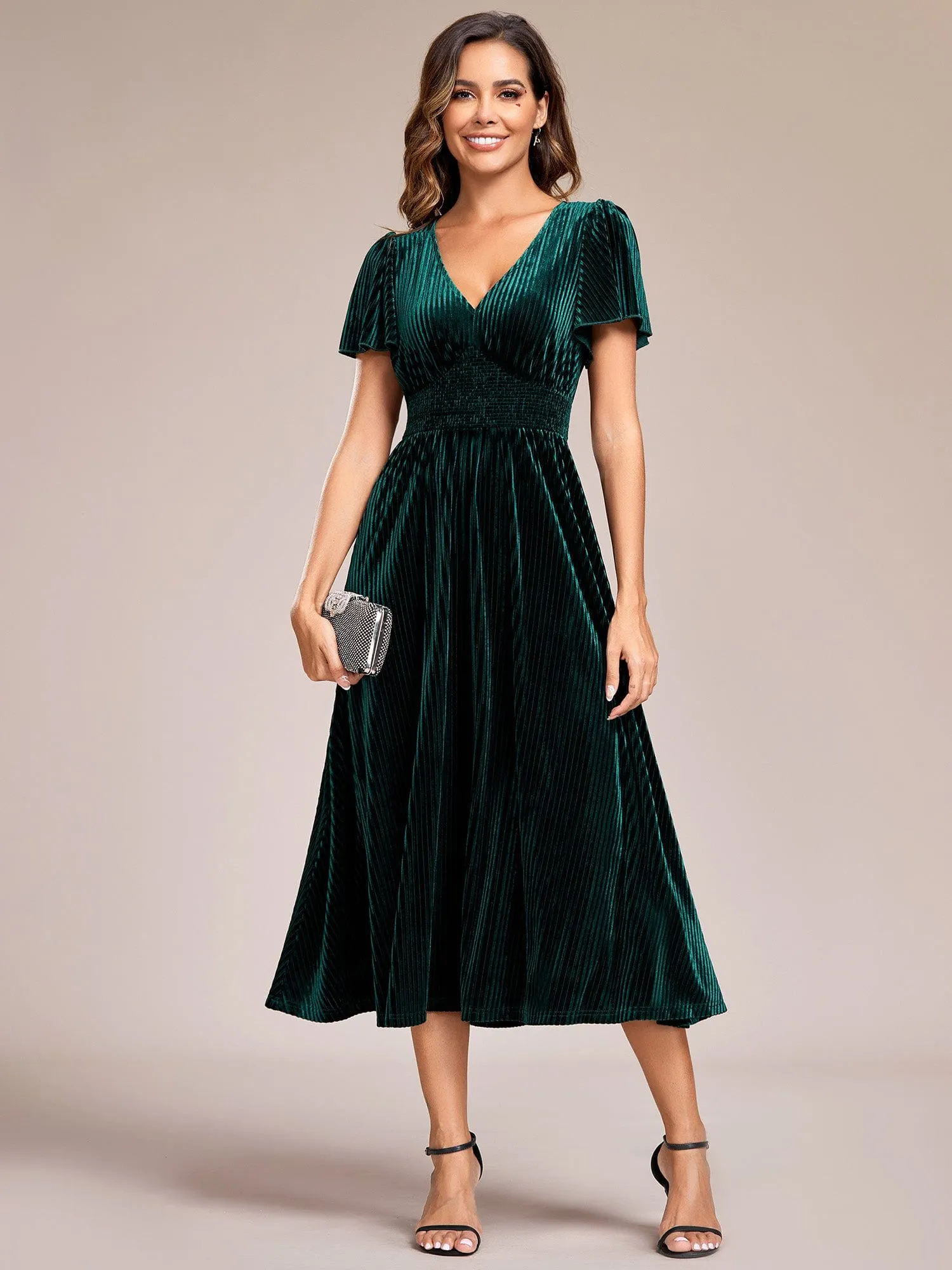 ever AZALEA|Graceful V-Neck Waist Design Short Sleeves Fall Velvet Midi Wedding Guest Dress sold by Ever Pretty product image thumbnail 5
