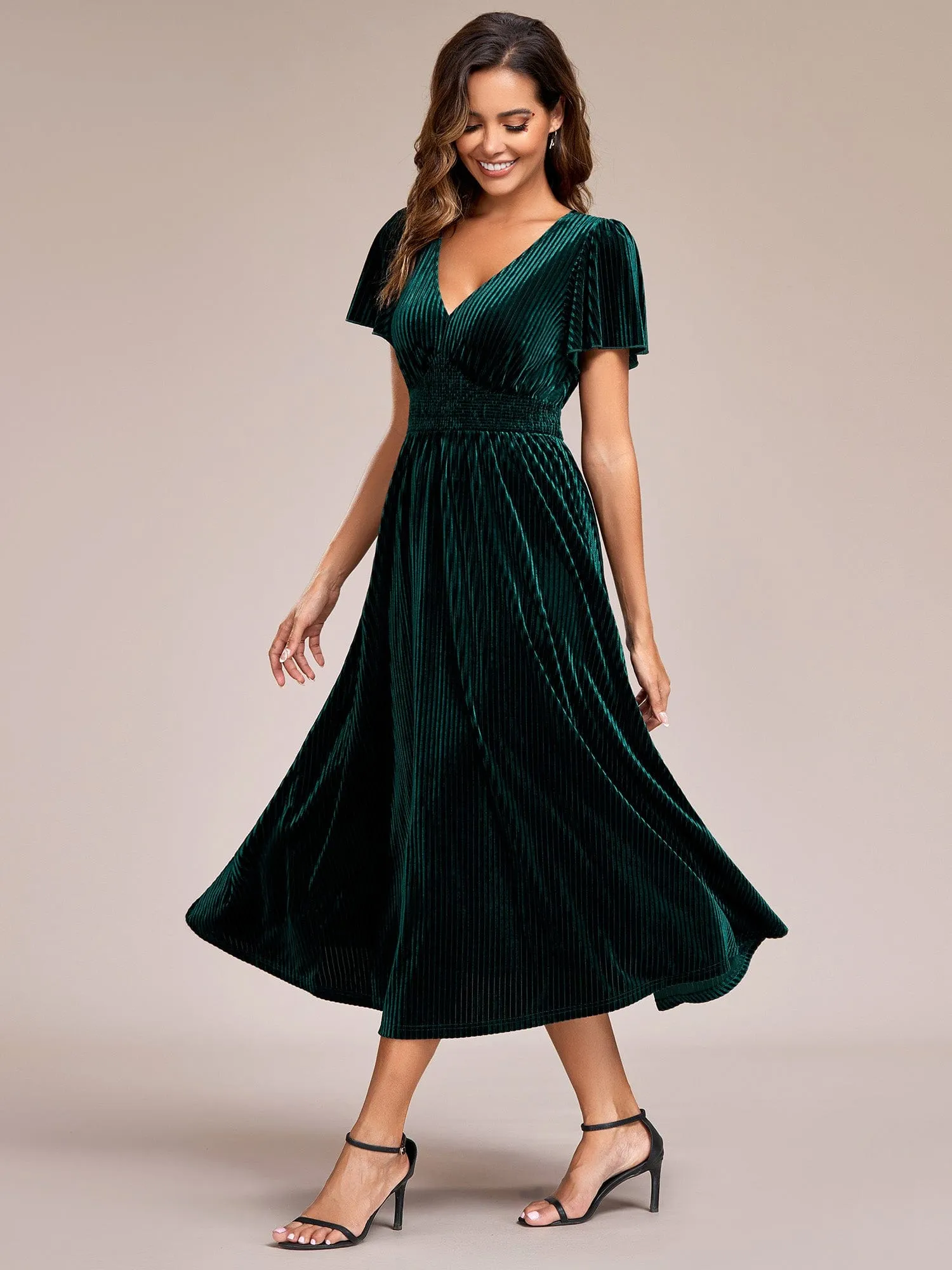 ever AZALEA|Graceful V-Neck Waist Design Short Sleeves Fall Velvet Midi Wedding Guest Dress sold by Ever Pretty product image thumbnail 4
