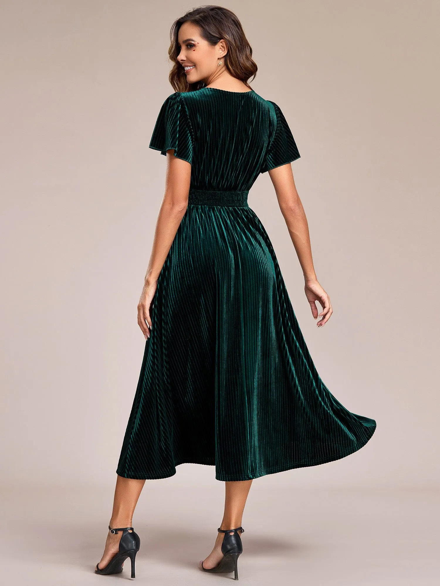ever AZALEA|Graceful V-Neck Waist Design Short Sleeves Fall Velvet Midi Wedding Guest Dress sold by Ever Pretty product image thumbnail 2