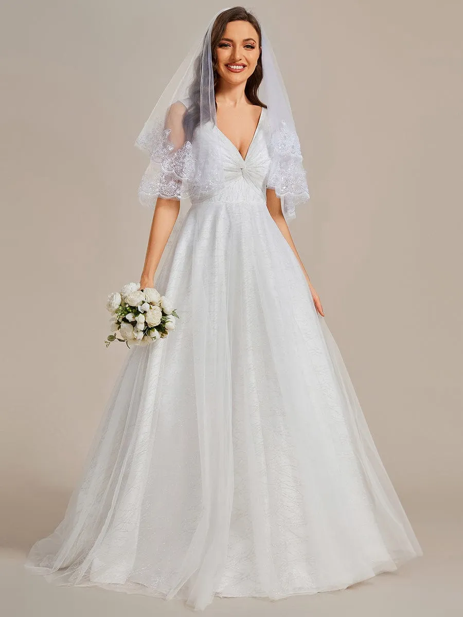 Classical Tulle Glittery Pleated Double V-Neck A-Line Wedding Dress with Train sold by Ever Pretty product image thumbnail 5