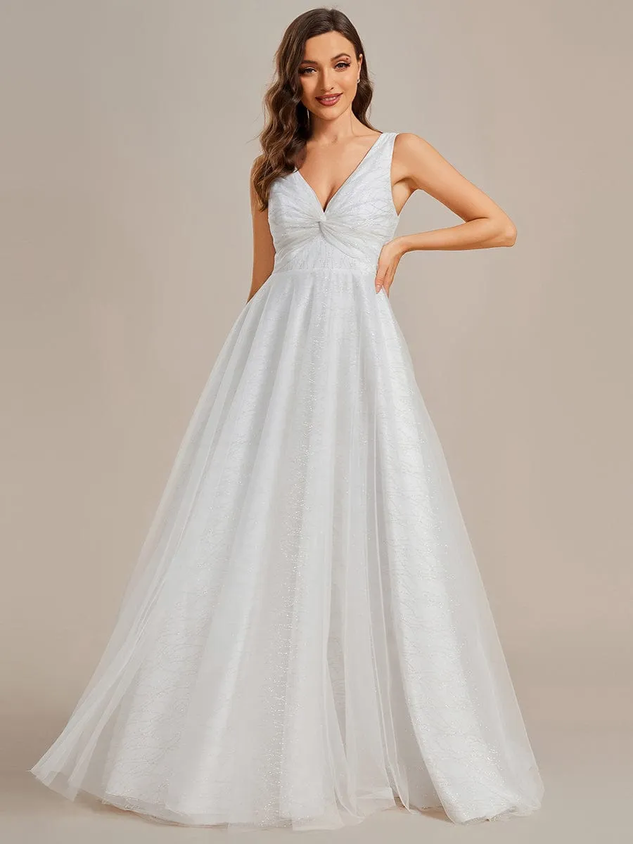 Classical Tulle Glittery Pleated Double V-Neck A-Line Wedding Dress with Train sold by Ever Pretty product image thumbnail 4