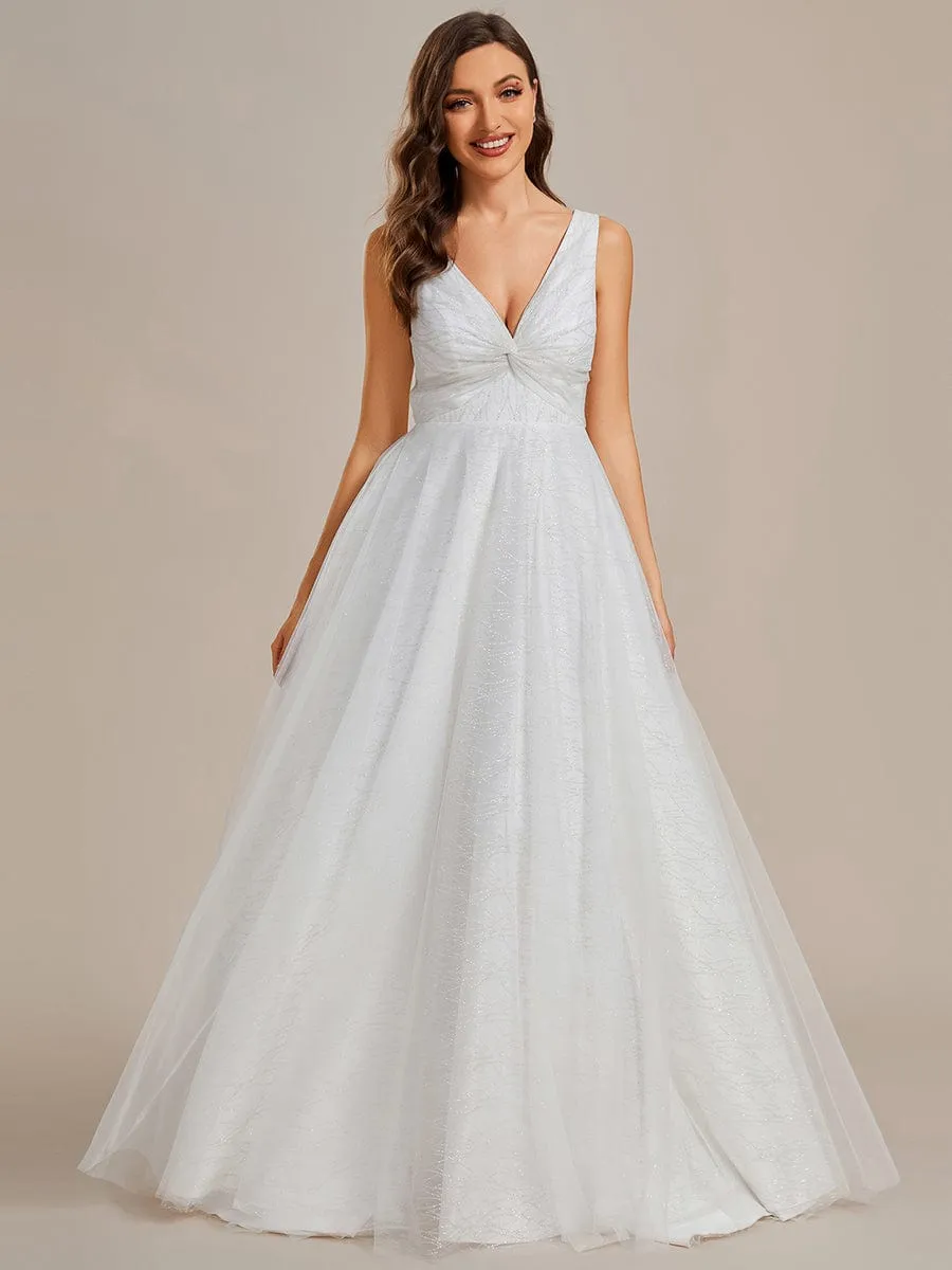 Classical Tulle Glittery Pleated Double V-Neck A-Line Wedding Dress with Train sold by Ever Pretty