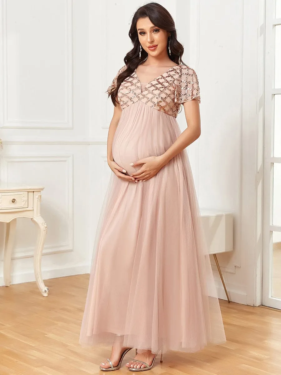 Sequin Short Sleeve Empire Waist Pleated Tulle Maternity Dress sold by Ever Pretty product image thumbnail 4