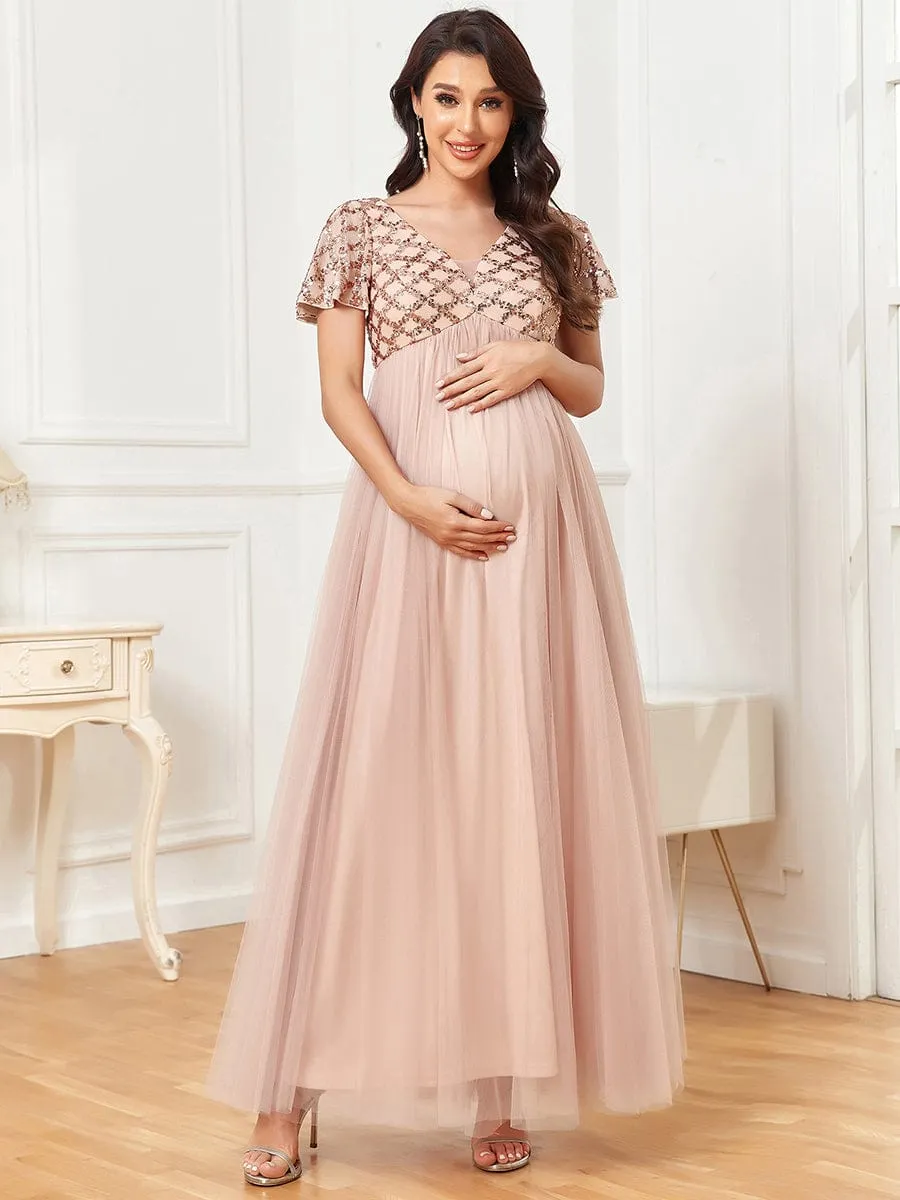 Sequin Short Sleeve Empire Waist Pleated Tulle Maternity Dress sold by Ever Pretty