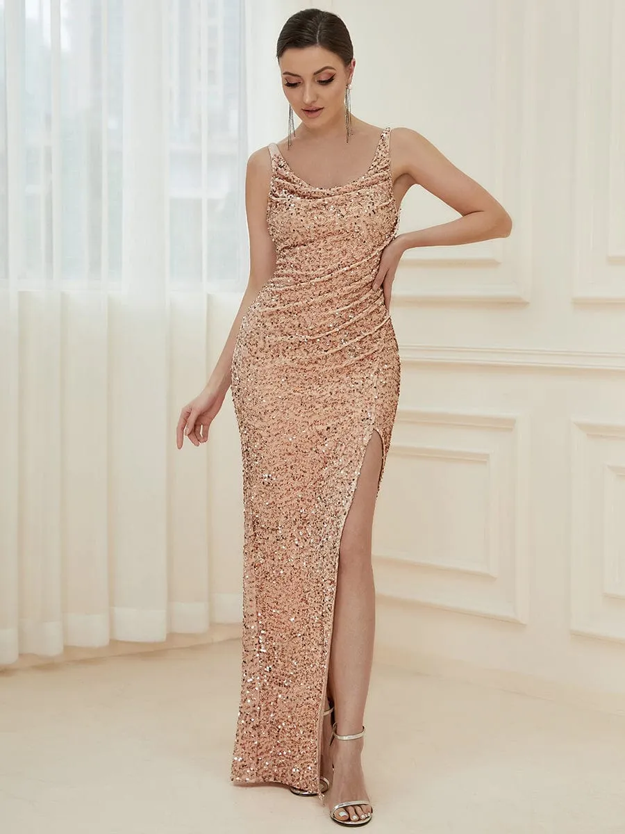 Custom Size Spaghetti Strap Ruched Sequin High Slit Evening Dress sold by Ever Pretty product image thumbnail 3