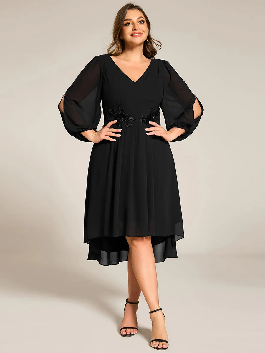 pretty AELINA|Plus Size Flowy Long Sleeves V-Neck Waist Applique Midi Chiffon Wedding Guest Dress sold by Ever Pretty product image thumbnail 4