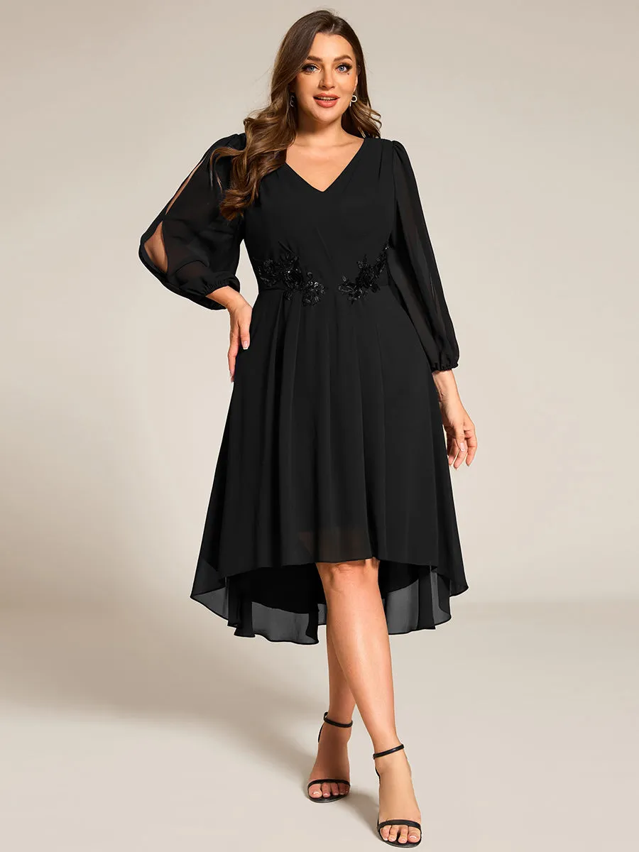 pretty AELINA|Plus Size Flowy Long Sleeves V-Neck Waist Applique Midi Chiffon Wedding Guest Dress sold by Ever Pretty