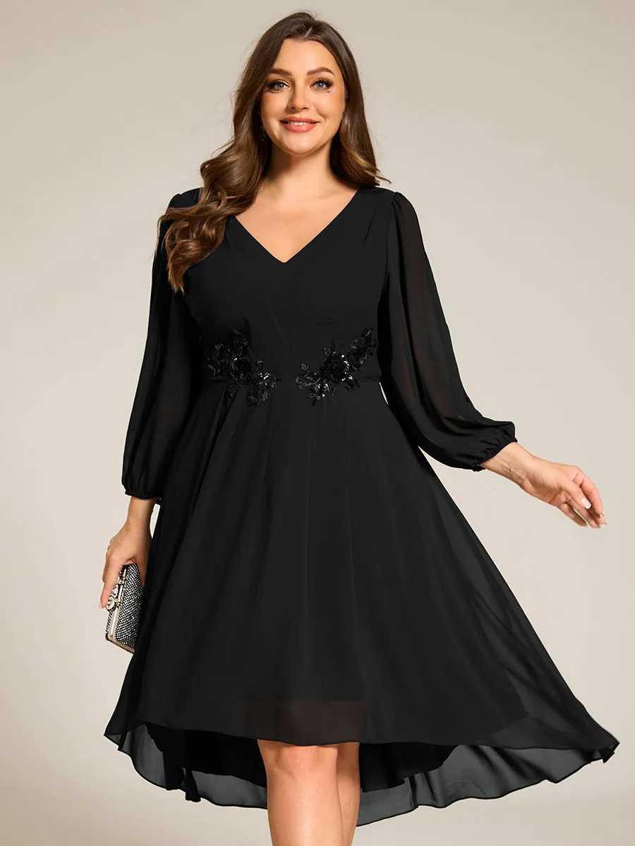 pretty AELINA|Plus Size Flowy Long Sleeves V-Neck Waist Applique Midi Chiffon Wedding Guest Dress sold by Ever Pretty product image thumbnail 5