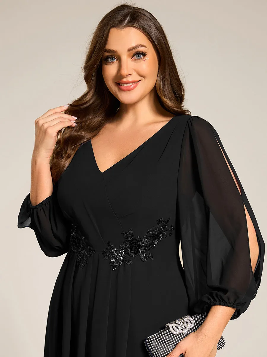 pretty AELINA|Plus Size Flowy Long Sleeves V-Neck Waist Applique Midi Chiffon Wedding Guest Dress sold by Ever Pretty product image thumbnail 3