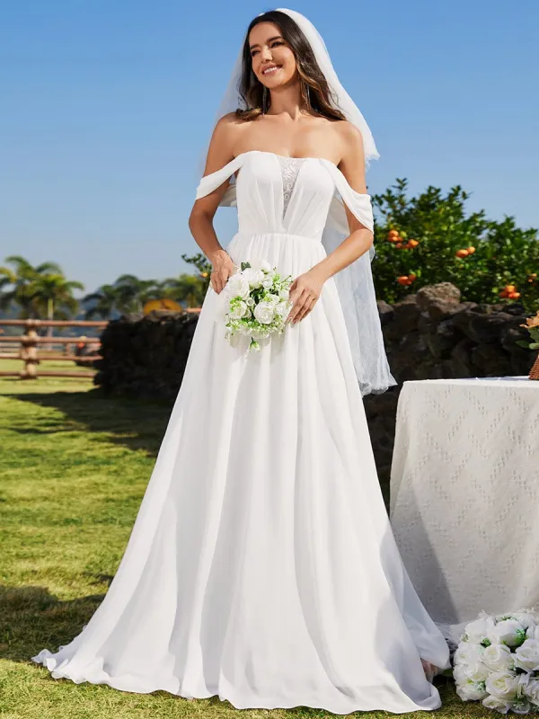 Off Shoulder Lace-Up Back Chiffon A-Line Wedding Dress sold by Ever Pretty