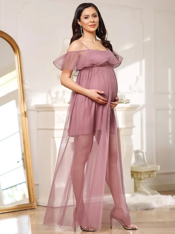 Sheer Ruffle Cold Shoulder Double Skirt Maternity Dress sold by Ever Pretty